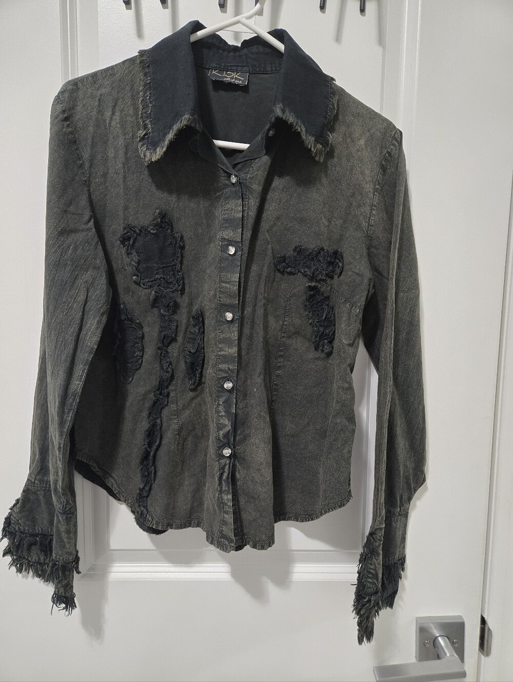 Made In Egypt Distressed Women’s Dark Green Button-Front Blouse